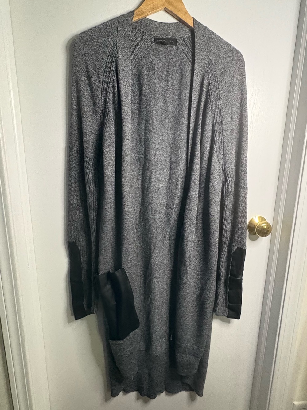 Banana Republic Sz XL Knit Open Front Cardigan Faux Leather Accents Minimalist